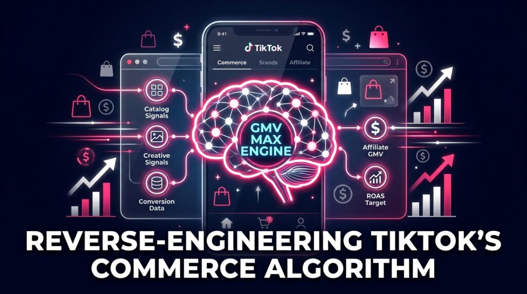 TikTok Shop GMV Max algorithm signal architecture diagram showing the automated commerce engine
