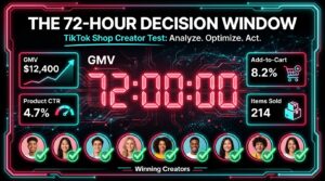 TikTok Shop 72-Hour Creator Test Window dashboard with countdown clock and GMV metrics