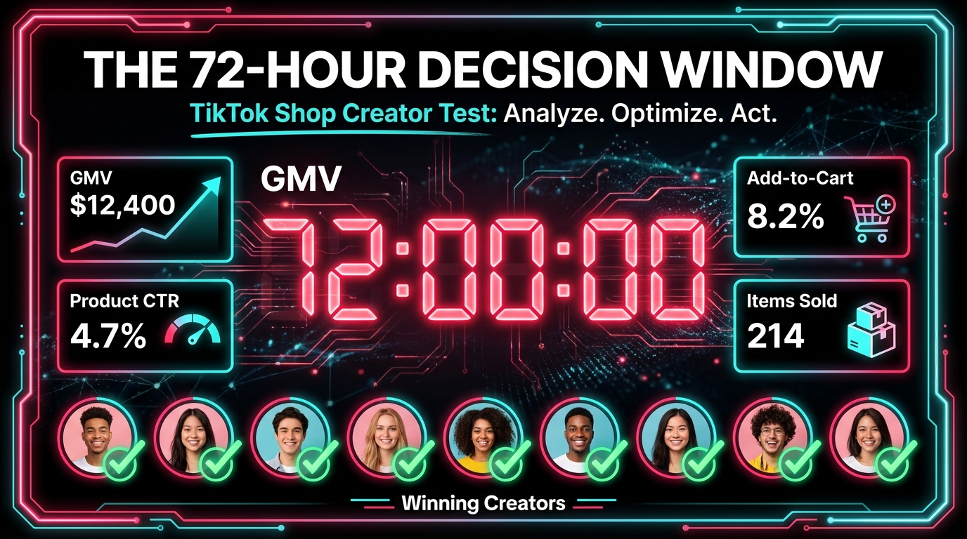 TikTok Shop 72-Hour Creator Test Window dashboard with countdown clock and GMV metrics