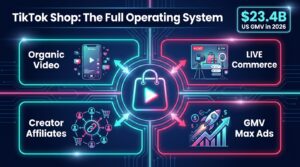 TikTok Shop as a four-pillar operating system — $23.4B US GMV in 2026 infographic