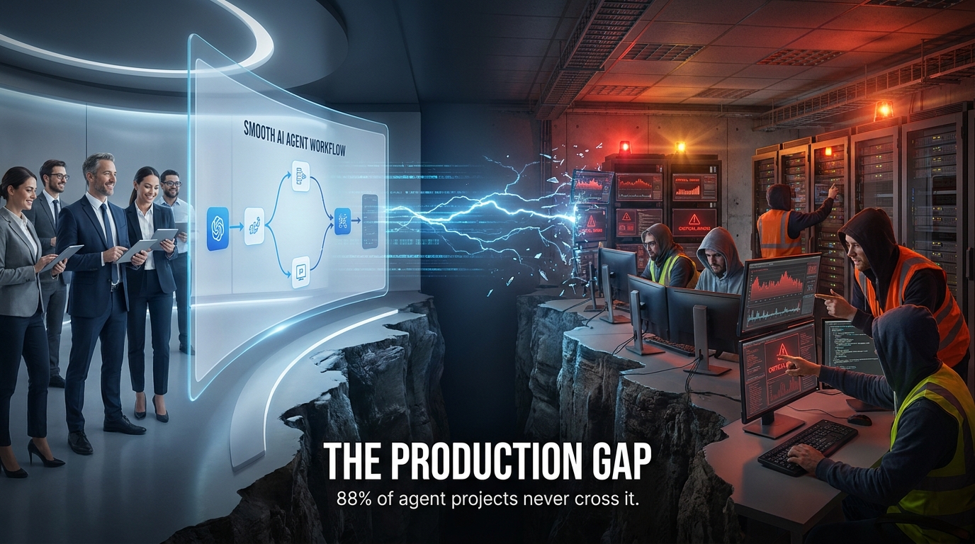 The production gap between AI demos and live enterprise deployments — 88% of agent projects never cross it