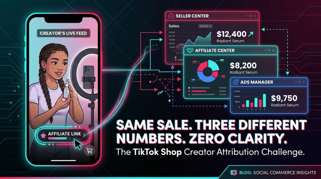 TikTok Shop attribution dashboard showing three different sales numbers across Seller Center, Affiliate Center, and Ads Manager for the same sale