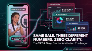 TikTok Shop attribution dashboard showing three different sales numbers across Seller Center, Affiliate Center, and Ads Manager for the same sale