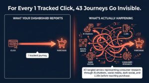 For Every 1 Tracked Click, 43 Journeys Go Invisible — affiliate attribution gap infographic