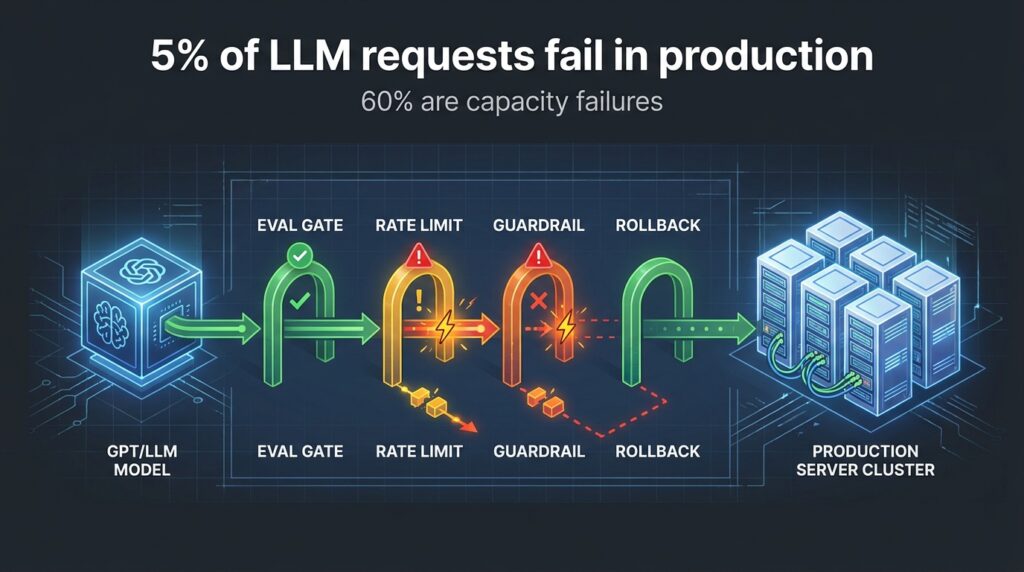LLM production pipeline diagram showing eval gates, rate limits, guardrails and rollback controls with failure warning indicators