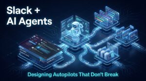 Slack AI agents as a workflow autopilot — isometric 3D visualization of agent nodes connected across channels, Jira, CRM, and calendar systems