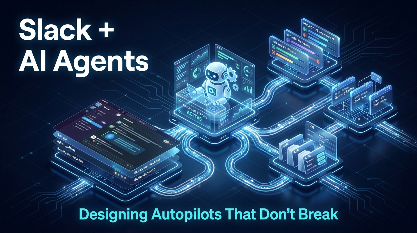 Slack AI agents as a workflow autopilot — isometric 3D visualization of agent nodes connected across channels, Jira, CRM, and calendar systems