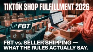 TikTok Shop fulfillment 2026 — FBT vs Seller Shipping split-screen warehouse and home seller comparison