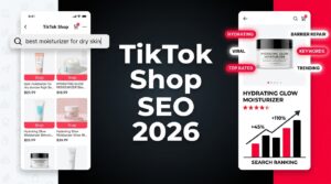 TikTok Shop SEO 2026 — search interface and product listing ranking visualization