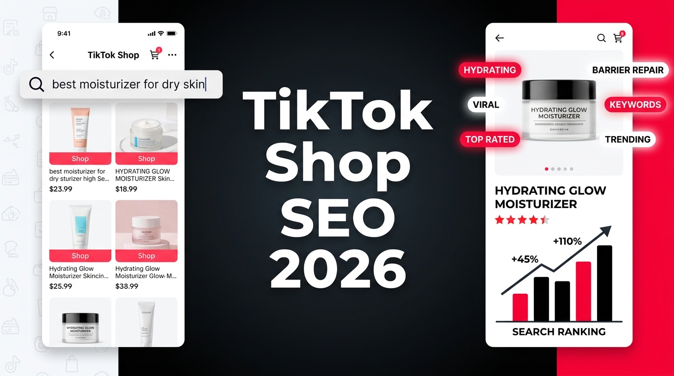TikTok Shop SEO 2026 — search interface and product listing ranking visualization