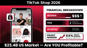 TikTok Shop 2026 — split-screen showing shop interface and profit margin breakdown