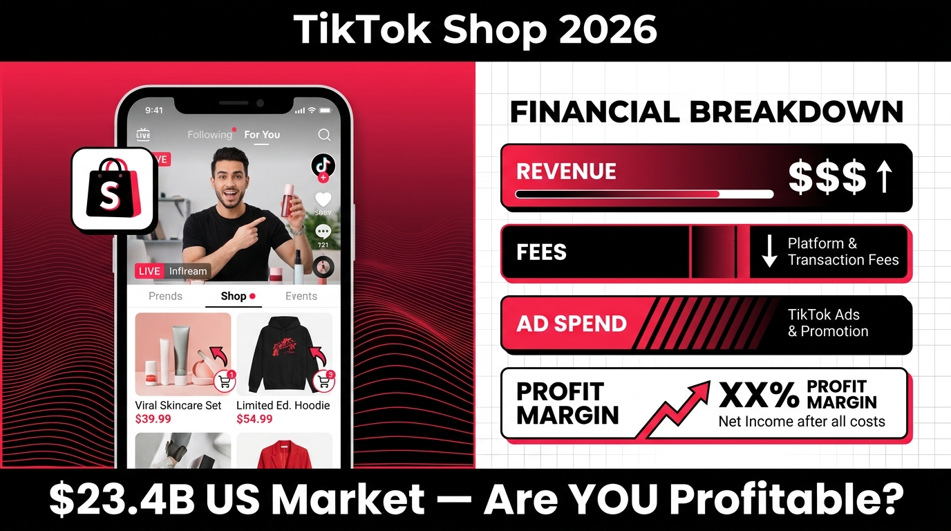 TikTok Shop 2026 — split-screen showing shop interface and profit margin breakdown
