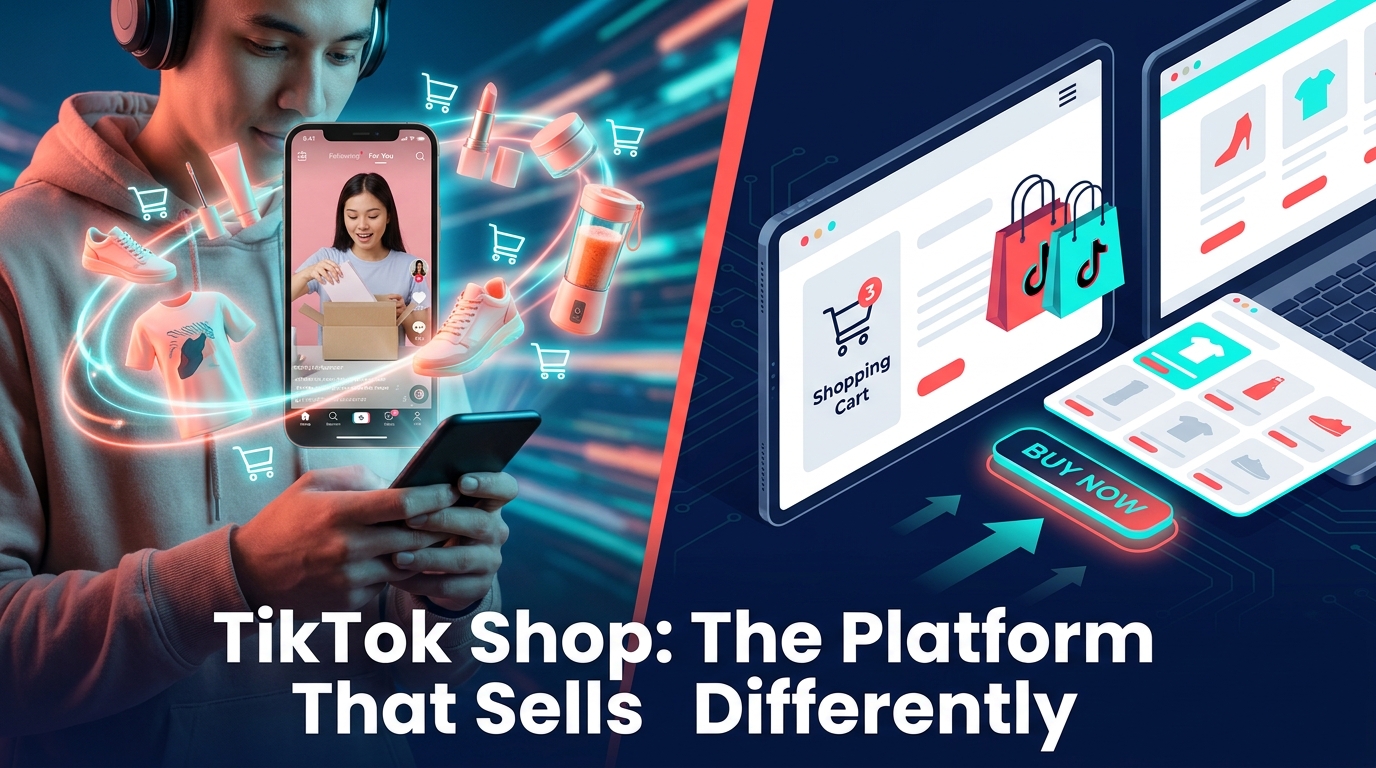TikTok Shop: The Platform That Sells Differently — split screen of discovery-driven buying and digital storefront