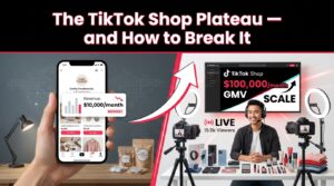 TikTok Shop seller plateau versus breakthrough — split screen showing $10K vs $100K monthly GMV