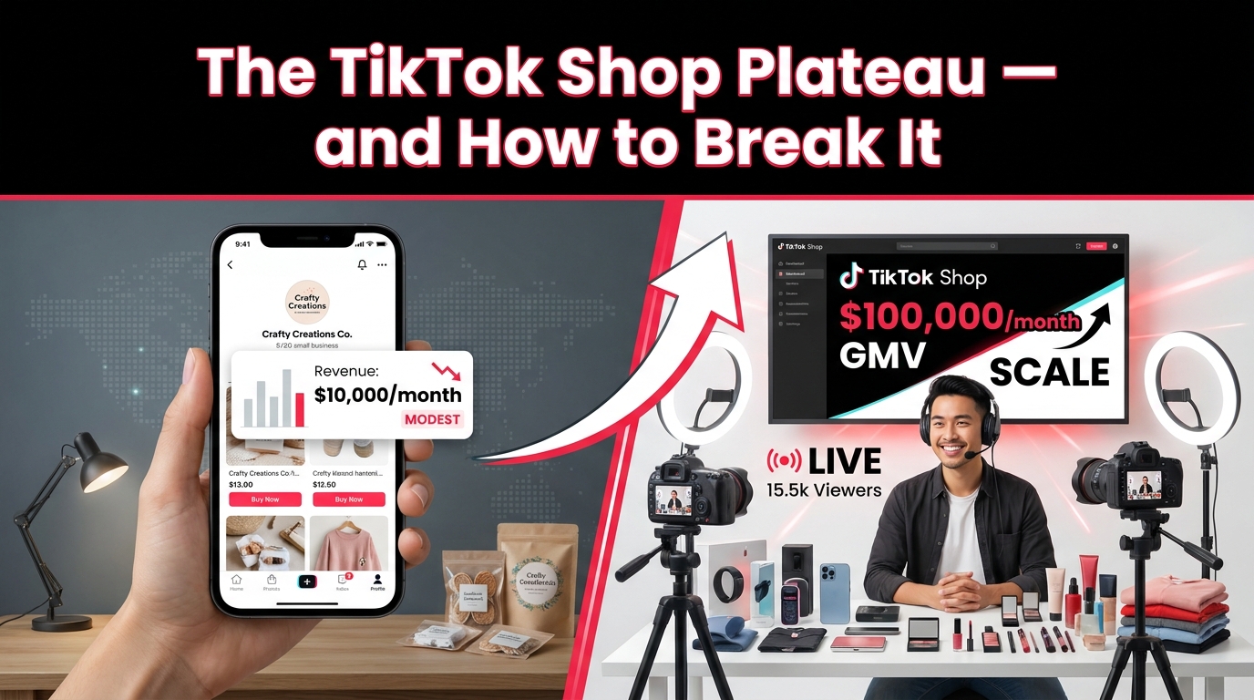 TikTok Shop seller plateau versus breakthrough — split screen showing $10K vs $100K monthly GMV