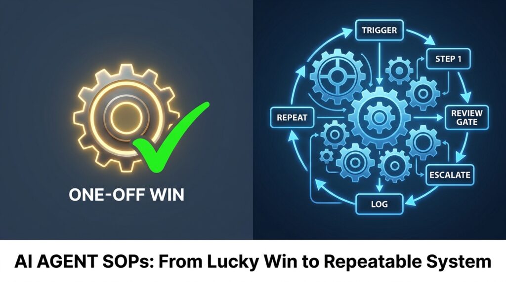 Split-screen showing a disconnected single gear labeled ONE-OFF WIN versus an interlocking system of gears with labeled workflow steps, illustrating the difference between isolated AI wins and repeatable systems