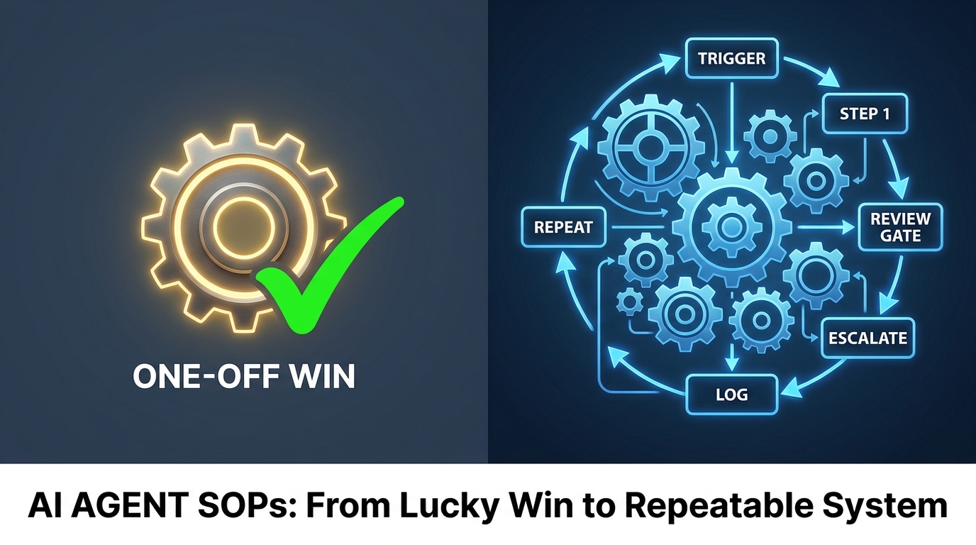 Split-screen showing a disconnected single gear labeled ONE-OFF WIN versus an interlocking system of gears with labeled workflow steps, illustrating the difference between isolated AI wins and repeatable systems
