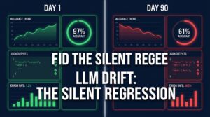 LLM Drift: The Silent Regression — split dashboard showing accuracy dropping from 97% on Day 1 to 61% on Day 90