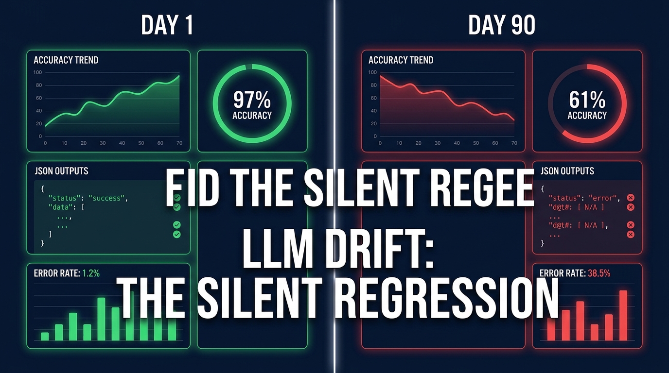 LLM Drift: The Silent Regression — split dashboard showing accuracy dropping from 97% on Day 1 to 61% on Day 90