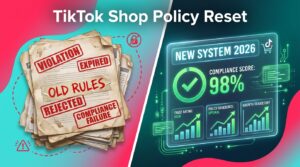 TikTok Shop Policy Reset 2026 - split screen showing old rules versus new compliance system