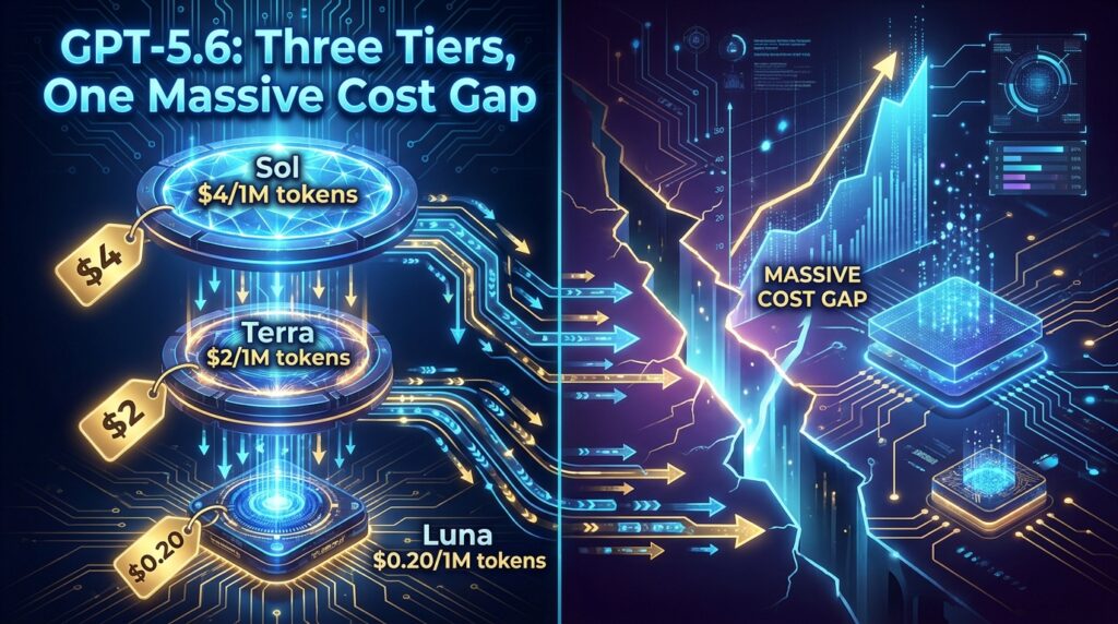GPT-5.6 three-tier architecture infographic showing Sol, Terra, and Luna pricing tiers