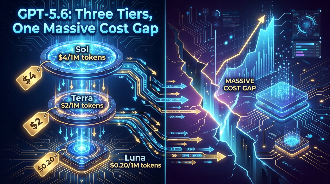 GPT-5.6 three-tier architecture infographic showing Sol, Terra, and Luna pricing tiers