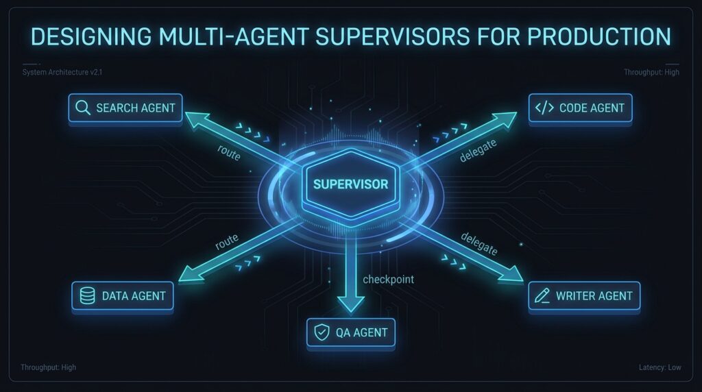 Multi-agent supervisor architecture diagram showing central supervisor node connected to specialist worker agents — Search, Code, Data, QA, and Writer — with routing and delegation arrows