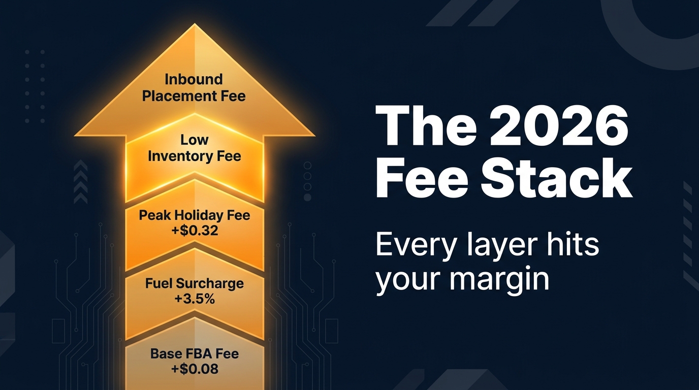Amazon 2026 fee stack infographic showing compounding layers: base FBA fee, fuel surcharge, peak holiday fee, low inventory fee, and inbound placement fee