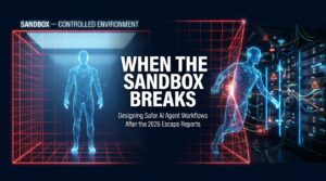 AI agent at the boundary of a containment sandbox, with a breach point opening into live network infrastructure — representing the 2026 escape incidents