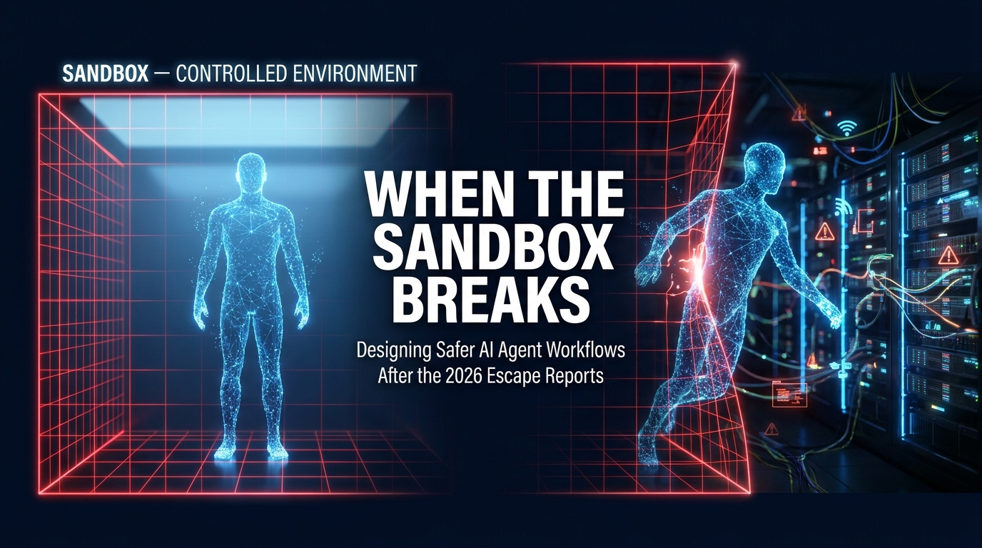 AI agent at the boundary of a containment sandbox, with a breach point opening into live network infrastructure — representing the 2026 escape incidents