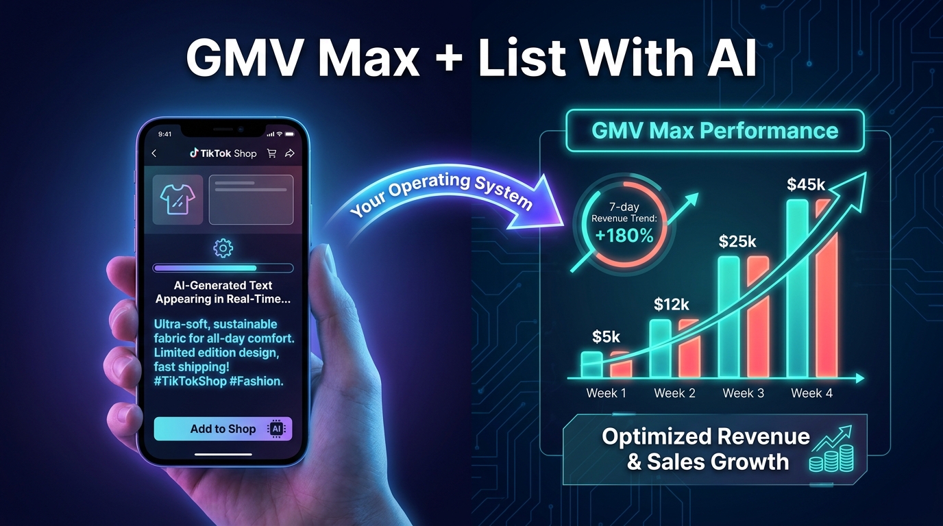 GMV Max and List With AI — TikTok Shop seller operating system showing interconnected listing and advertising tools