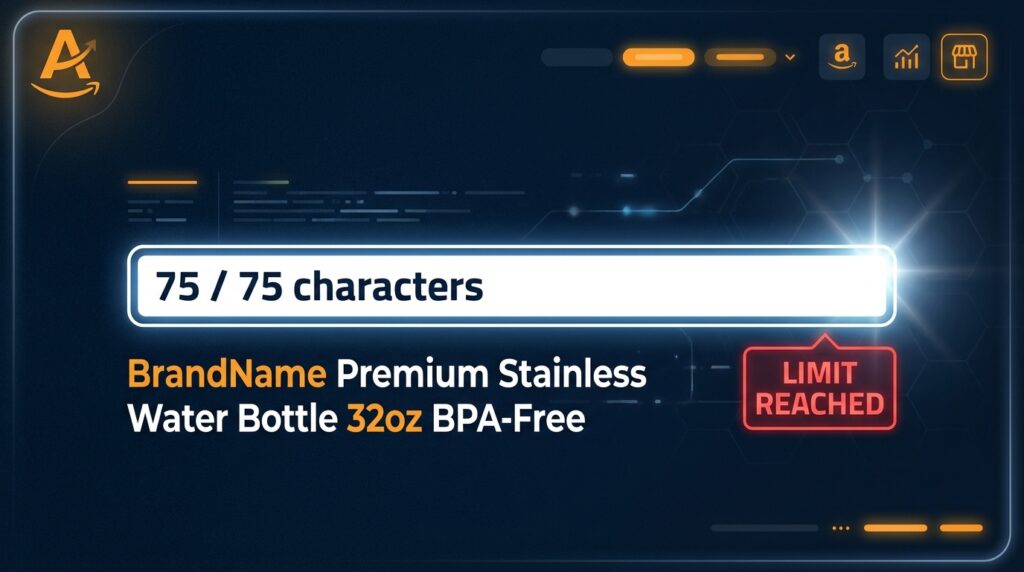 Amazon 75-character product title limit enforced — progress bar showing title at maximum capacity