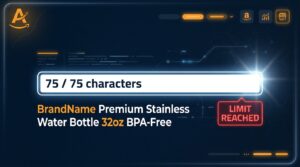 Amazon 75-character product title limit enforced — progress bar showing title at maximum capacity