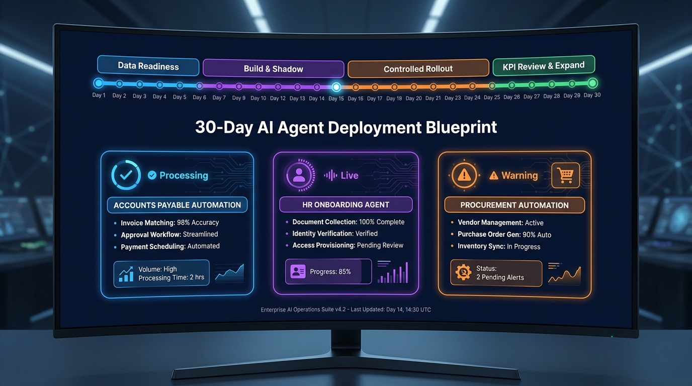 30-Day AI Agent Deployment Blueprint dashboard showing four color-coded phases for back-office automation