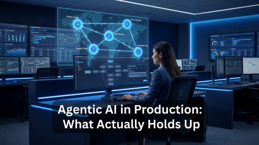 Agentic AI operations control room with interconnected AI agent nodes for Claims Triage, Procurement, QA Routing, Customer Ops, and Supply Chain