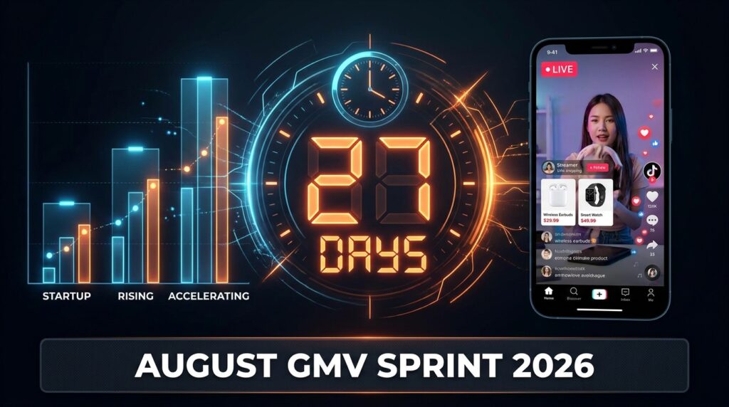 TikTok Shop August GMV Sprint 2026 countdown timer with three seller tier bar charts and a live shopping session on mobile