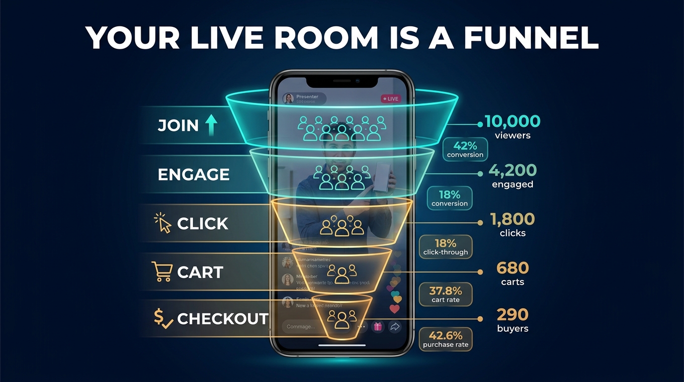 Live room funnel diagram showing the five stages from viewer join to buyer checkout with conversion data