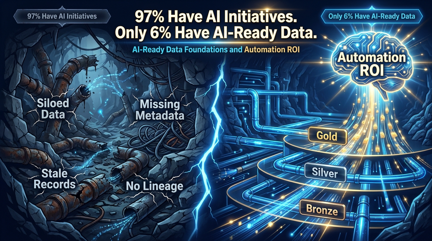 Split-scene illustration showing fragmented enterprise data on the left versus clean layered AI-ready data pipeline on the right, with text overlay: 97% Have AI Initiatives, Only 6% Have AI-Ready Data