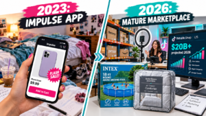 Split illustration comparing TikTok Shop as an impulse-buy app in 2023 with a mature marketplace operation in 2026, including warehouse, livestream studio and high-ticket products