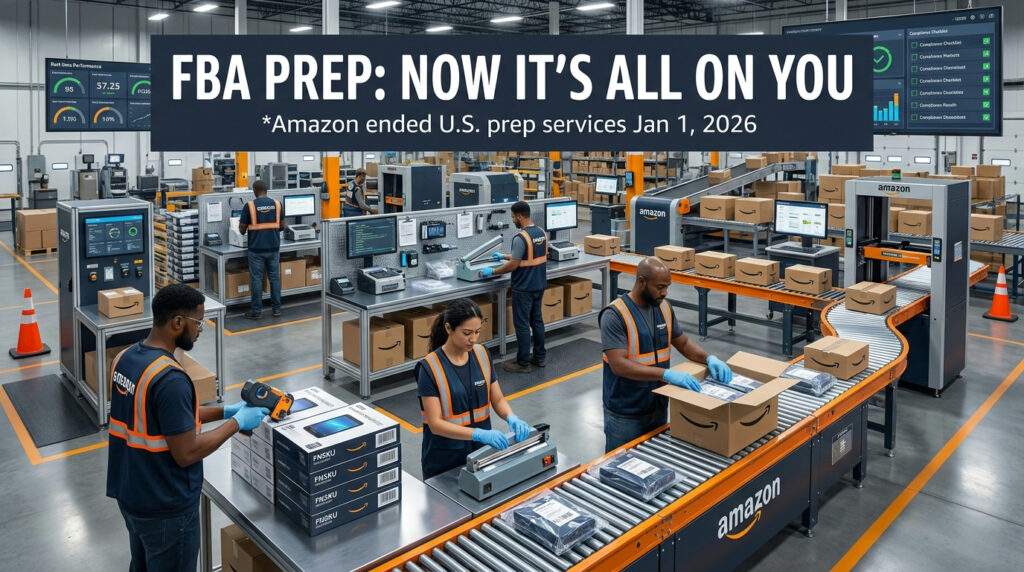 FBA prep compliance workflow 2026 — workers applying FNSKU labels and polybagging units in a modern prep warehouse