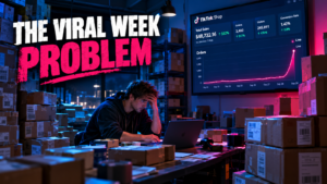 Small e-commerce warehouse at night overwhelmed by boxes while a sales dashboard shows a vertical order spike, titled The Viral Week Problem