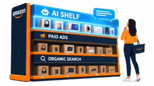 Illustration of an Amazon store aisle with three shelves labeled Organic Search, Paid Ads, and AI Shelf, with a shopper looking up at the glowing AI shelf