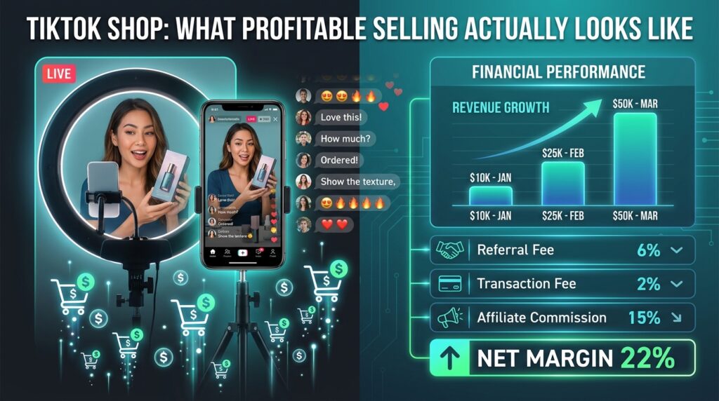 TikTok Shop profitable selling operational breakdown — split screen showing live session and financial dashboard