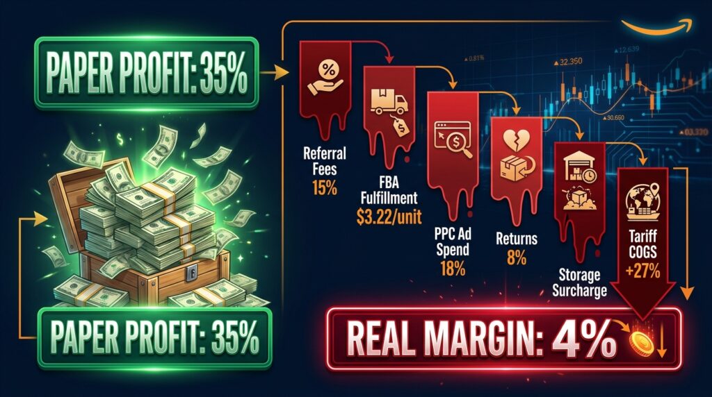 Amazon seller profit waterfall chart showing how paper profit of 35% collapses to real margin of 4% after fees, ads, returns, and tariffs