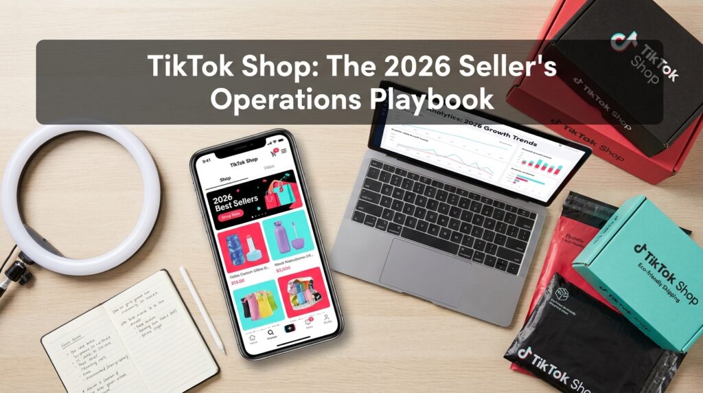 TikTok Shop seller workspace with smartphone, products, analytics and ring light — 2026 operations playbook
