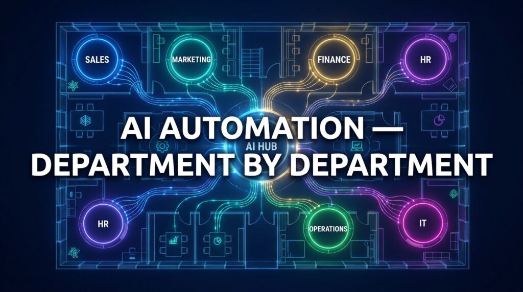 AI Automation Department by Department — business floor plan with AI neural network connecting all departments
