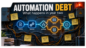 Illustration of a glowing AI automation workflow on a wall with tangled cables, rust and sticky notes behind it, titled Automation Debt: what happens in year two