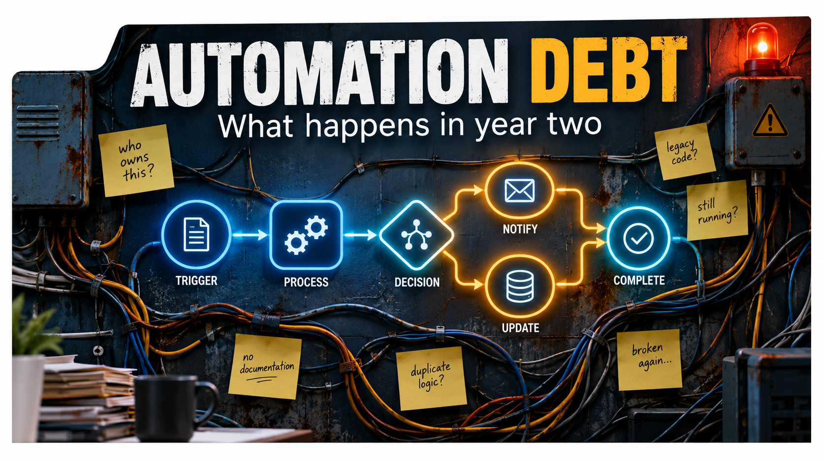 Illustration of a glowing AI automation workflow on a wall with tangled cables, rust and sticky notes behind it, titled Automation Debt: what happens in year two