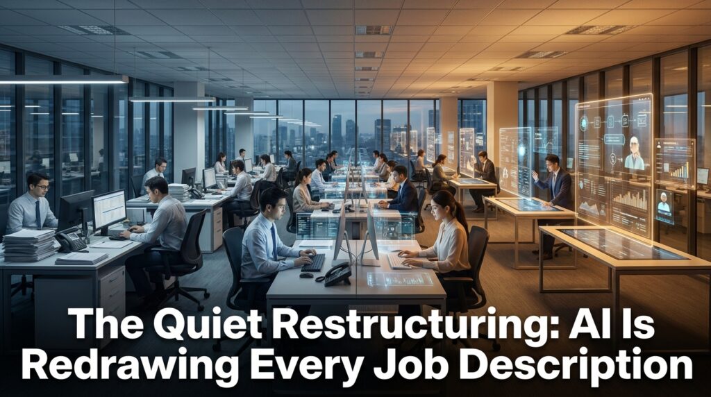 AI automation restructuring business departments — modern office split between traditional and AI-augmented workspaces