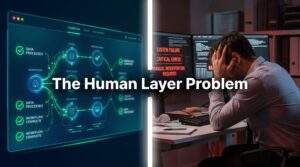 Split screen showing AI automation working smoothly on the left and a broken automation error screen on the right, illustrating the human layer problem